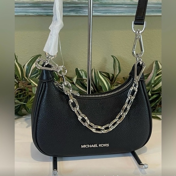 NWT Michael Kors Pebble Leather Cora Pouchette - Black with Silver Hardware - Picture 2 of 9